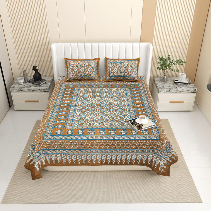 Bella Casa Fashion & Retail Ltd BEDSHEET 87 X 107 Inch / Multi / Cotton Double King Size Bedsheet with 2 Pillow Covers Floral Motifs Printed Cotton Multi Colour - Ethnic Collection