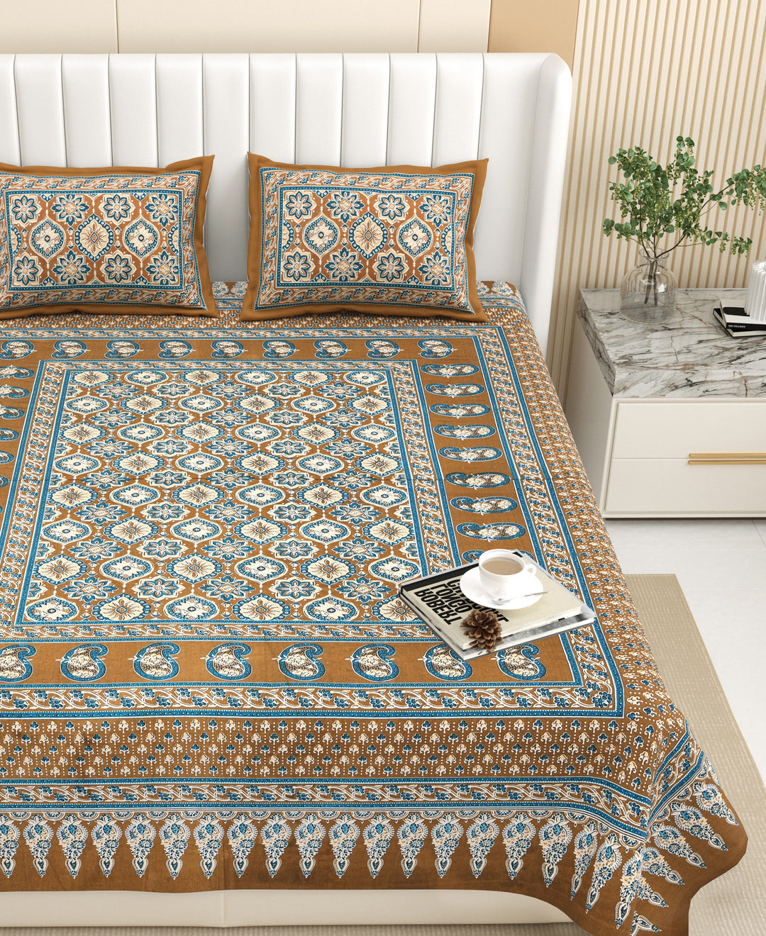 Bella Casa Fashion & Retail Ltd BEDSHEET 87 X 107 Inch / Multi / Cotton Double King Size Bedsheet with 2 Pillow Covers Floral Motifs Printed Cotton Multi Colour - Ethnic Collection