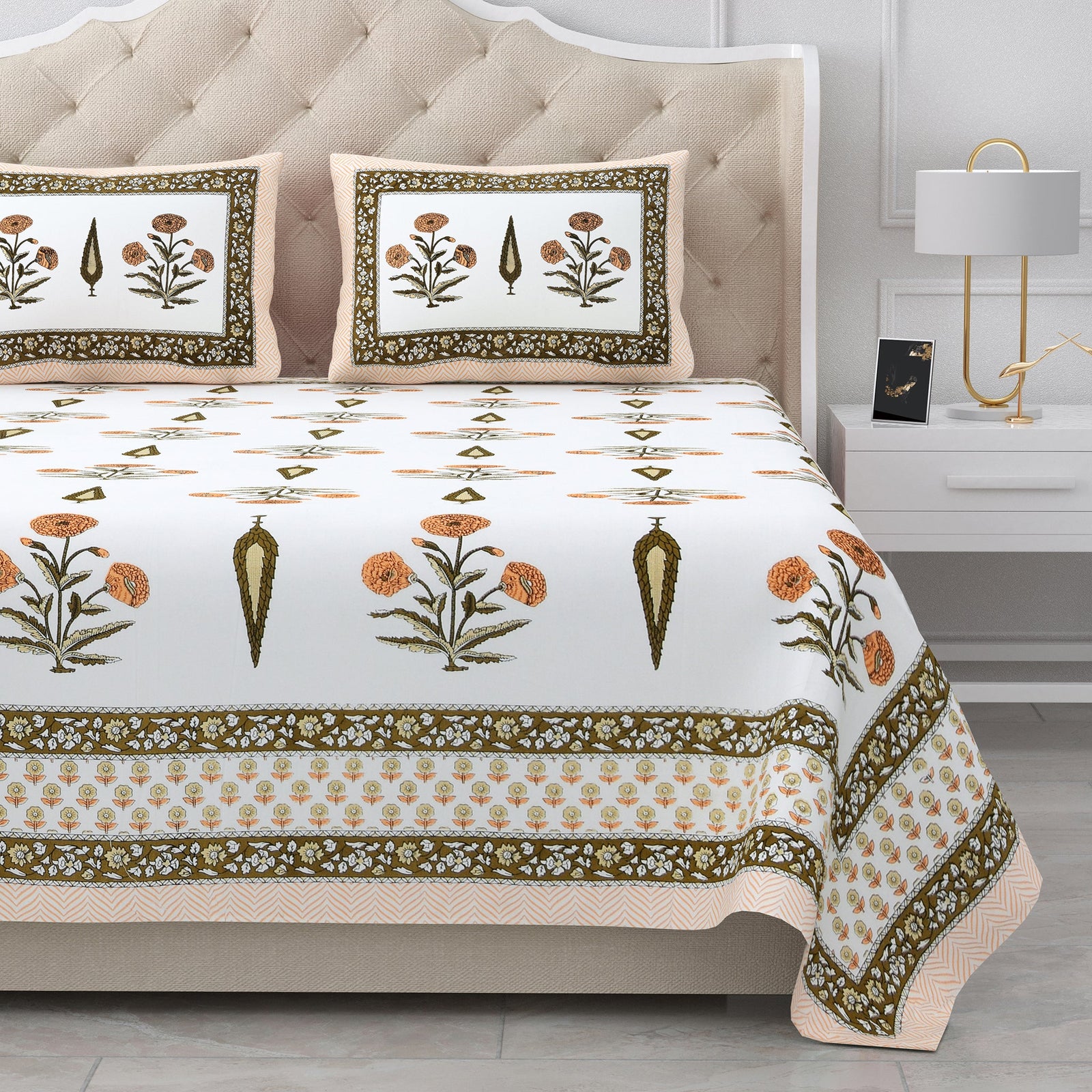 Bella Casa Fashion & Retail Ltd BEDSHEET 87 X 107 Inch / Multicolor / Cotton Double King Size Bedsheet with 2 Pillow Covers Cotton Multi Colour - Ethnic Collection