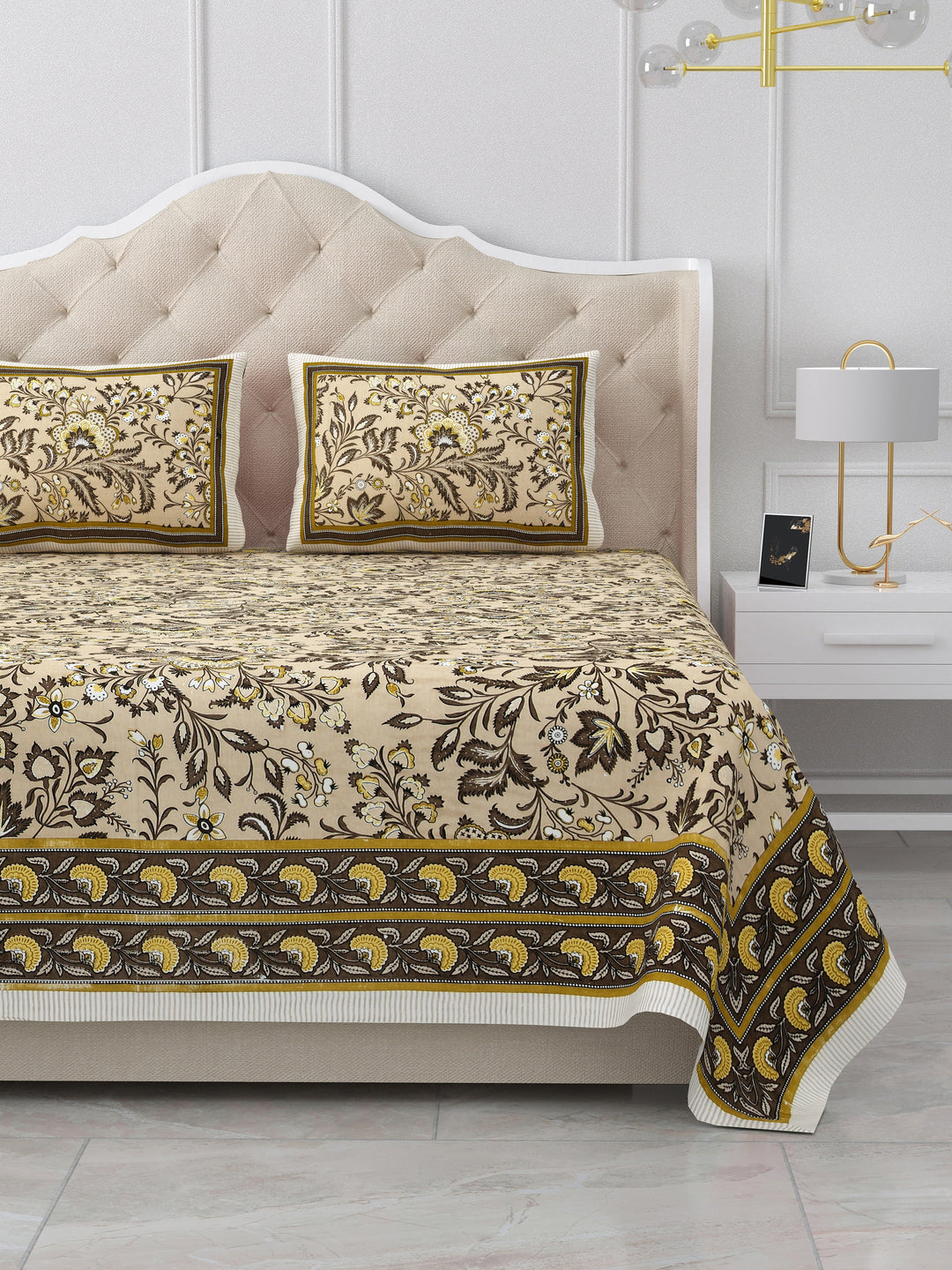 Bella Casa Fashion & Retail Ltd BEDSHEET 87 X 107 Inch / Mustard / Cotton Double King Size Bedsheet with 2 Pillow Covers Cotton Mustard Colour - Ethnic Collection