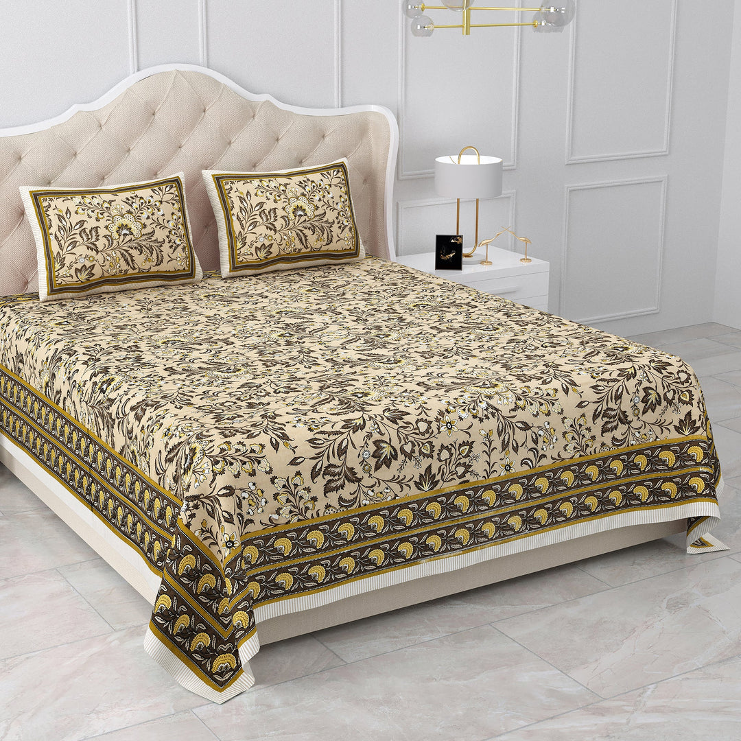 Bella Casa Fashion & Retail Ltd BEDSHEET 87 X 107 Inch / Mustard / Cotton Double King Size Bedsheet with 2 Pillow Covers Cotton Mustard Colour - Ethnic Collection
