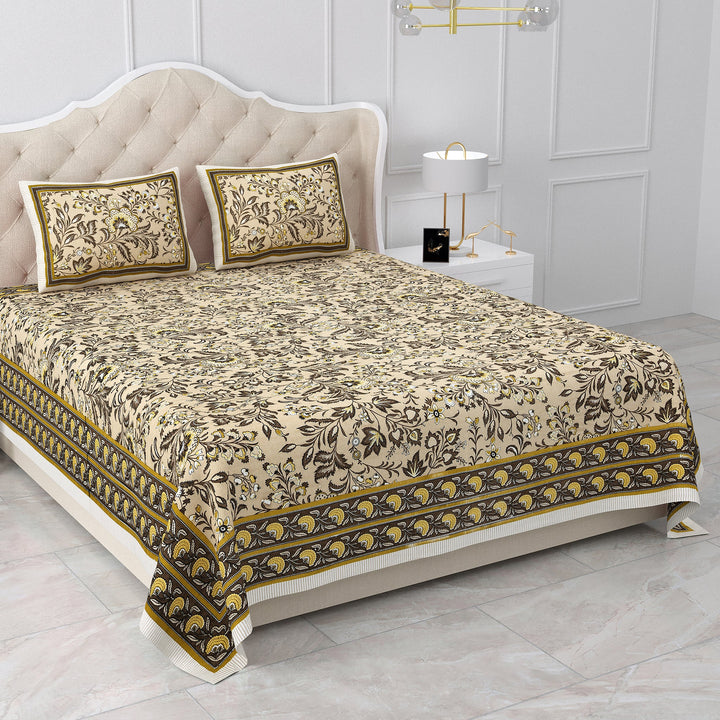 Bella Casa Fashion & Retail Ltd BEDSHEET 87 X 107 Inch / Mustard / Cotton Double King Size Bedsheet with 2 Pillow Covers Cotton Mustard Colour - Ethnic Collection