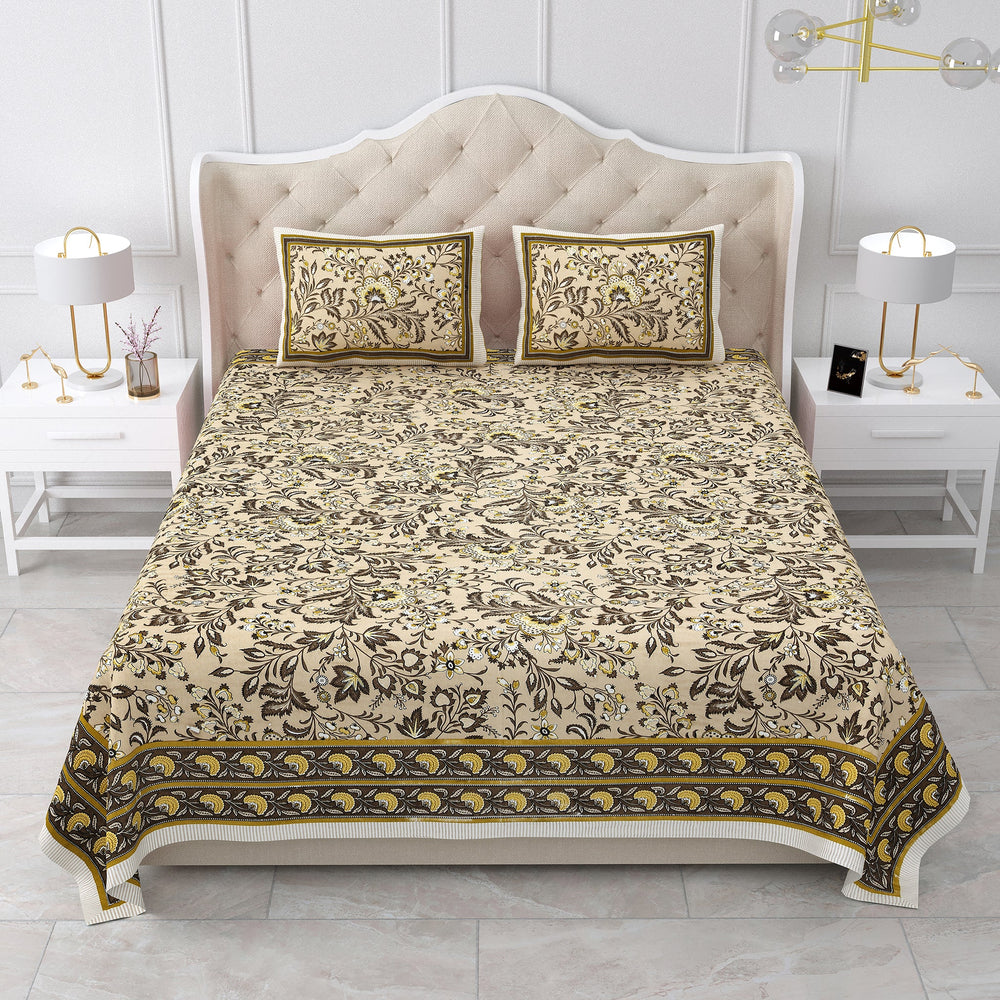 Bella Casa Fashion & Retail Ltd BEDSHEET 87 X 107 Inch / Mustard / Cotton Double King Size Bedsheet with 2 Pillow Covers Cotton Mustard Colour - Ethnic Collection