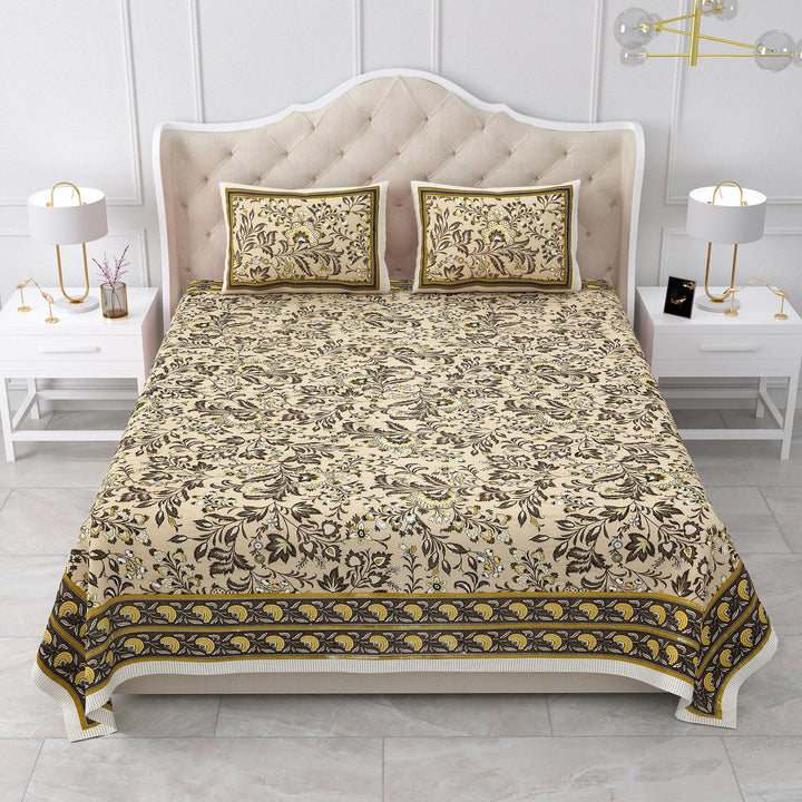 Bella Casa Fashion & Retail Ltd BEDSHEET 87 X 107 Inch / Mustard / Cotton Double King Size Bedsheet with 2 Pillow Covers Cotton Mustard Colour - Ethnic Collection