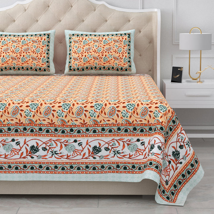 Bella Casa Fashion & Retail Ltd BEDSHEET 87 X 107 Inch / Peach & Sea Green / Cotton Double King Size Bedsheet with 2 Pillow Covers Cotton Peach & Sea Green Colour - Ethnic Collection