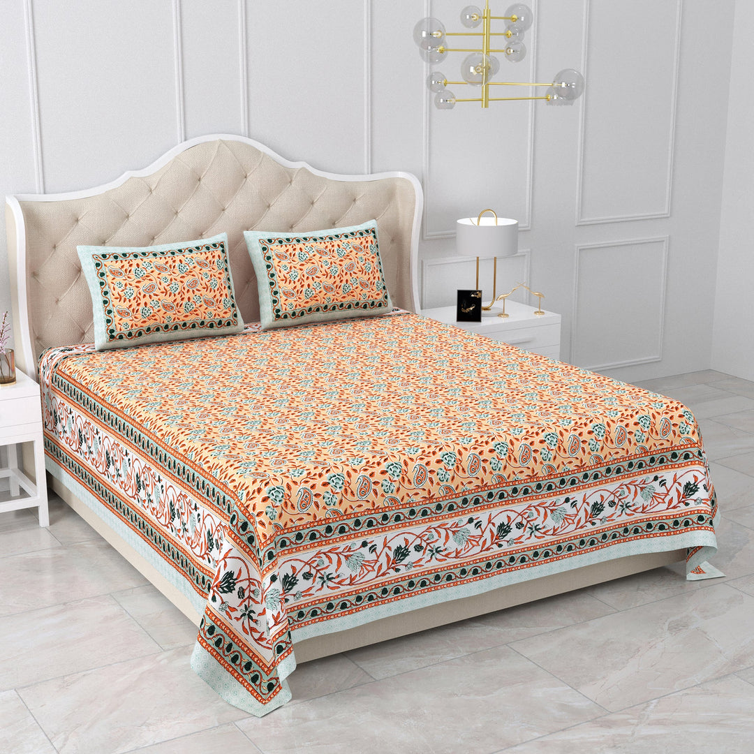 Bella Casa Fashion & Retail Ltd BEDSHEET 87 X 107 Inch / Peach & Sea Green / Cotton Double King Size Bedsheet with 2 Pillow Covers Cotton Peach & Sea Green Colour - Ethnic Collection