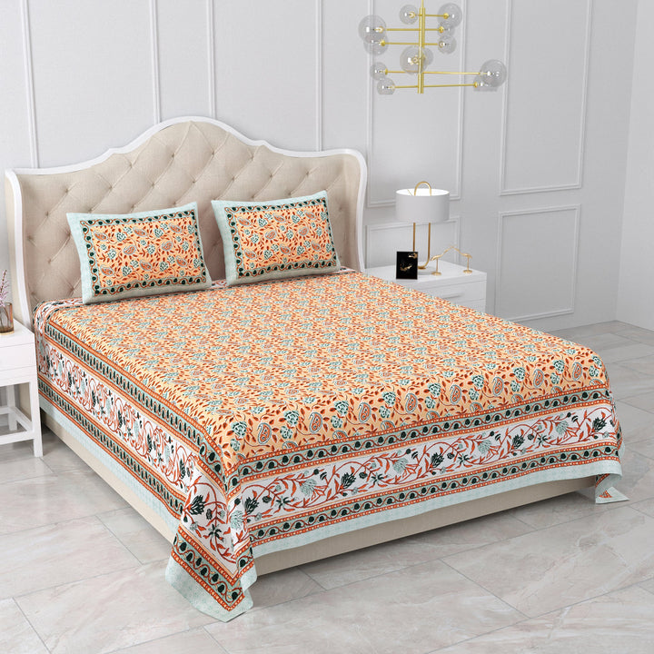 Bella Casa Fashion & Retail Ltd BEDSHEET 87 X 107 Inch / Peach & Sea Green / Cotton Double King Size Bedsheet with 2 Pillow Covers Cotton Peach & Sea Green Colour - Ethnic Collection