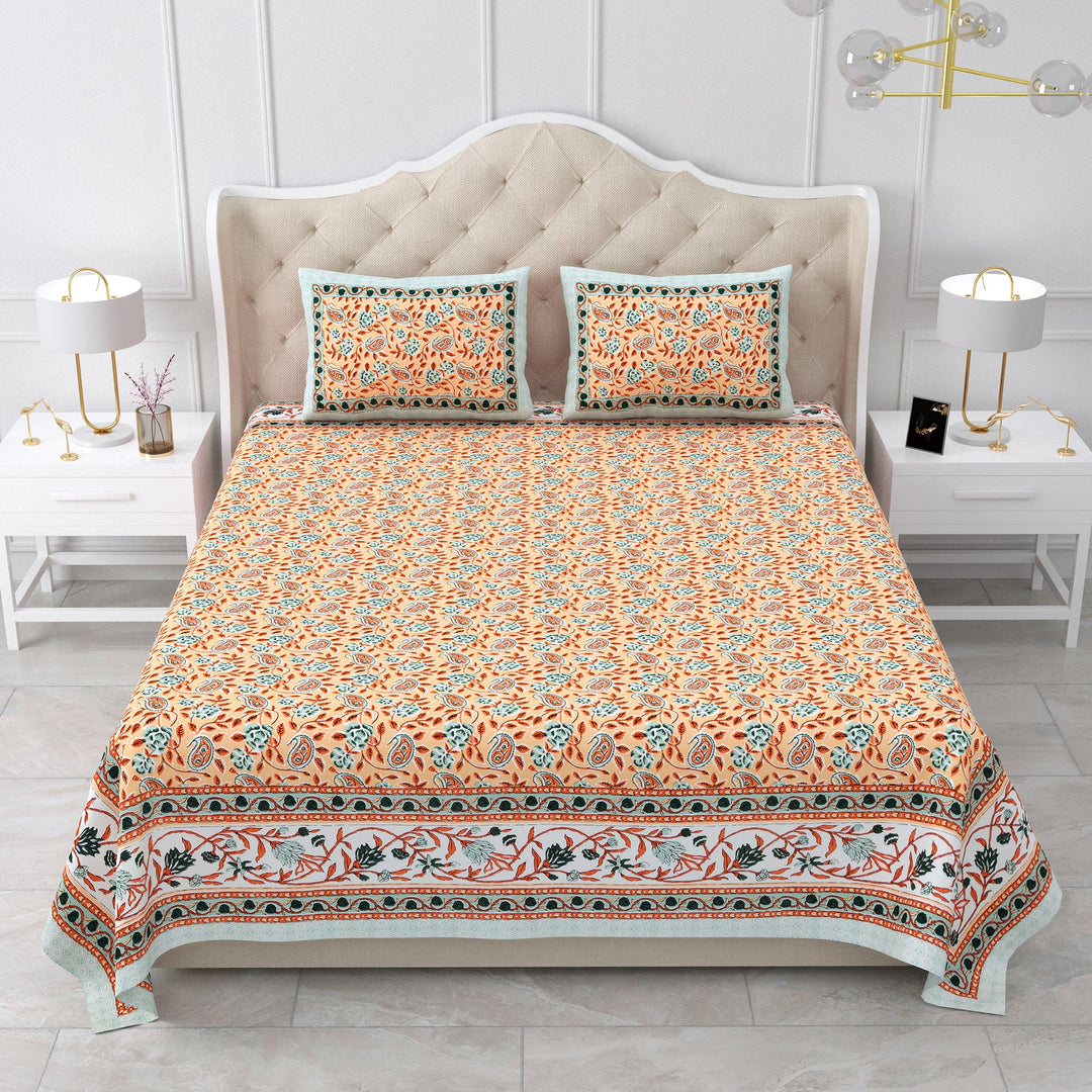 Bella Casa Fashion & Retail Ltd BEDSHEET 87 X 107 Inch / Peach & Sea Green / Cotton Double King Size Bedsheet with 2 Pillow Covers Cotton Peach & Sea Green Colour - Ethnic Collection