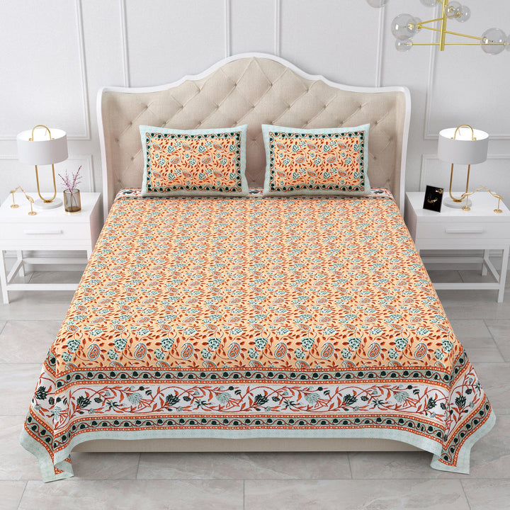 Bella Casa Fashion & Retail Ltd BEDSHEET 87 X 107 Inch / Peach & Sea Green / Cotton Double King Size Bedsheet with 2 Pillow Covers Cotton Peach & Sea Green Colour - Ethnic Collection
