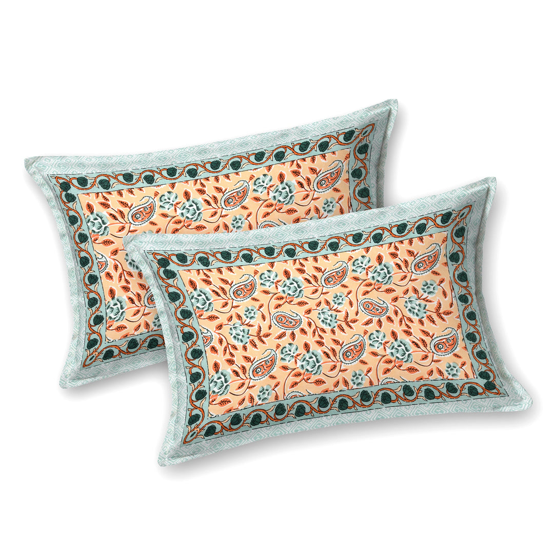 Bella Casa Fashion & Retail Ltd BEDSHEET 87 X 107 Inch / Peach & Sea Green / Cotton Double King Size Bedsheet with 2 Pillow Covers Cotton Peach & Sea Green Colour - Ethnic Collection