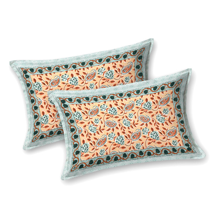 Bella Casa Fashion & Retail Ltd BEDSHEET 87 X 107 Inch / Peach & Sea Green / Cotton Double King Size Bedsheet with 2 Pillow Covers Cotton Peach & Sea Green Colour - Ethnic Collection