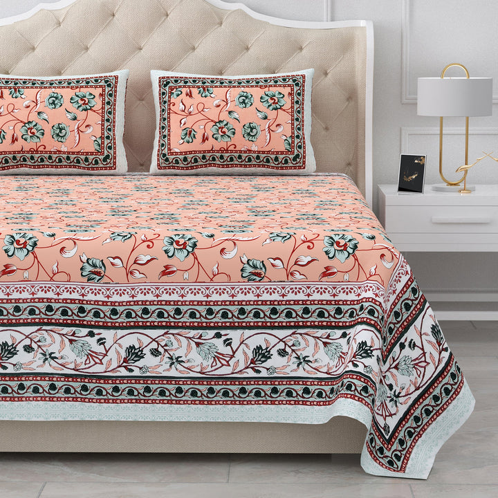 Bella Casa Fashion & Retail Ltd BEDSHEET 87 X 107 Inch / Peach & White / Cotton Double King Size Bedsheet with 2 Pillow Covers Cotton Peach & White Colour - Ethnic Collection