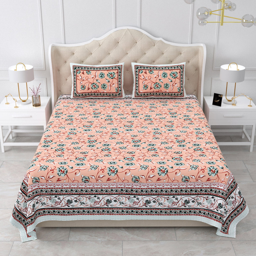 Bella Casa Fashion & Retail Ltd BEDSHEET 87 X 107 Inch / Peach & White / Cotton Double King Size Bedsheet with 2 Pillow Covers Cotton Peach & White Colour - Ethnic Collection