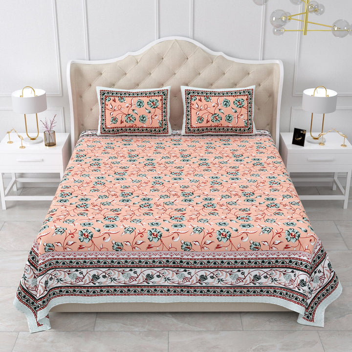 Bella Casa Fashion & Retail Ltd BEDSHEET 87 X 107 Inch / Peach & White / Cotton Double King Size Bedsheet with 2 Pillow Covers Cotton Peach & White Colour - Ethnic Collection