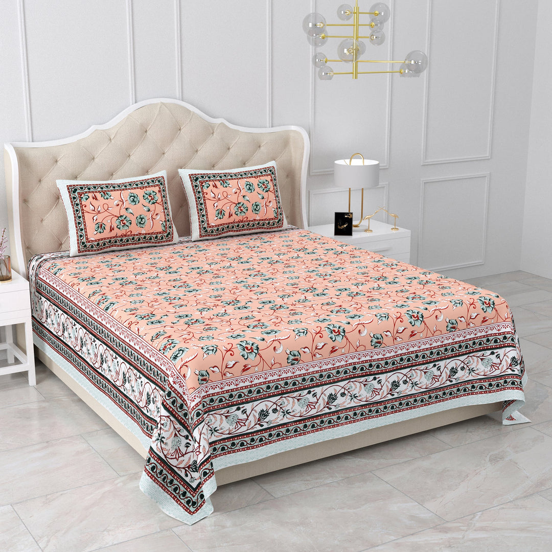Bella Casa Fashion & Retail Ltd BEDSHEET 87 X 107 Inch / Peach & White / Cotton Double King Size Bedsheet with 2 Pillow Covers Cotton Peach & White Colour - Ethnic Collection