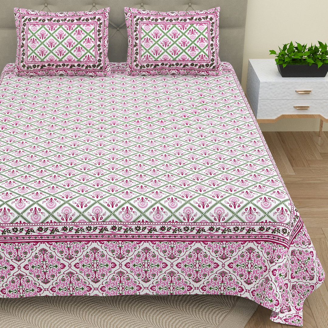 Bella Casa Fashion & Retail Ltd BEDSHEET 87 X 107 Inch / Pink & Green / Cotton Double King Size Bedsheet with 2 Pillow Covers Cotton Pink & Green Colour - Ethnic Collection