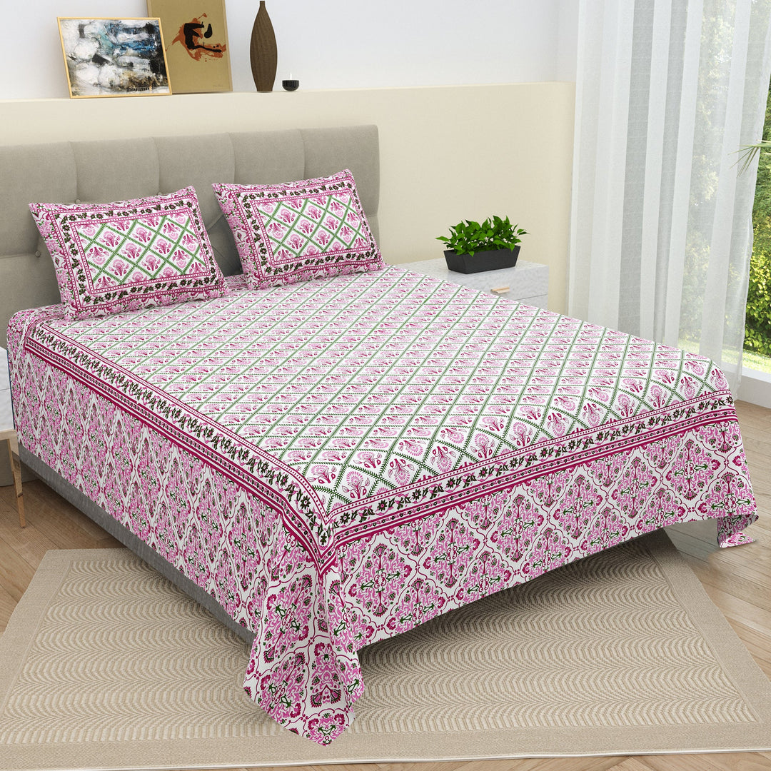 Bella Casa Fashion & Retail Ltd BEDSHEET 87 X 107 Inch / Pink & Green / Cotton Double King Size Bedsheet with 2 Pillow Covers Cotton Pink & Green Colour - Ethnic Collection