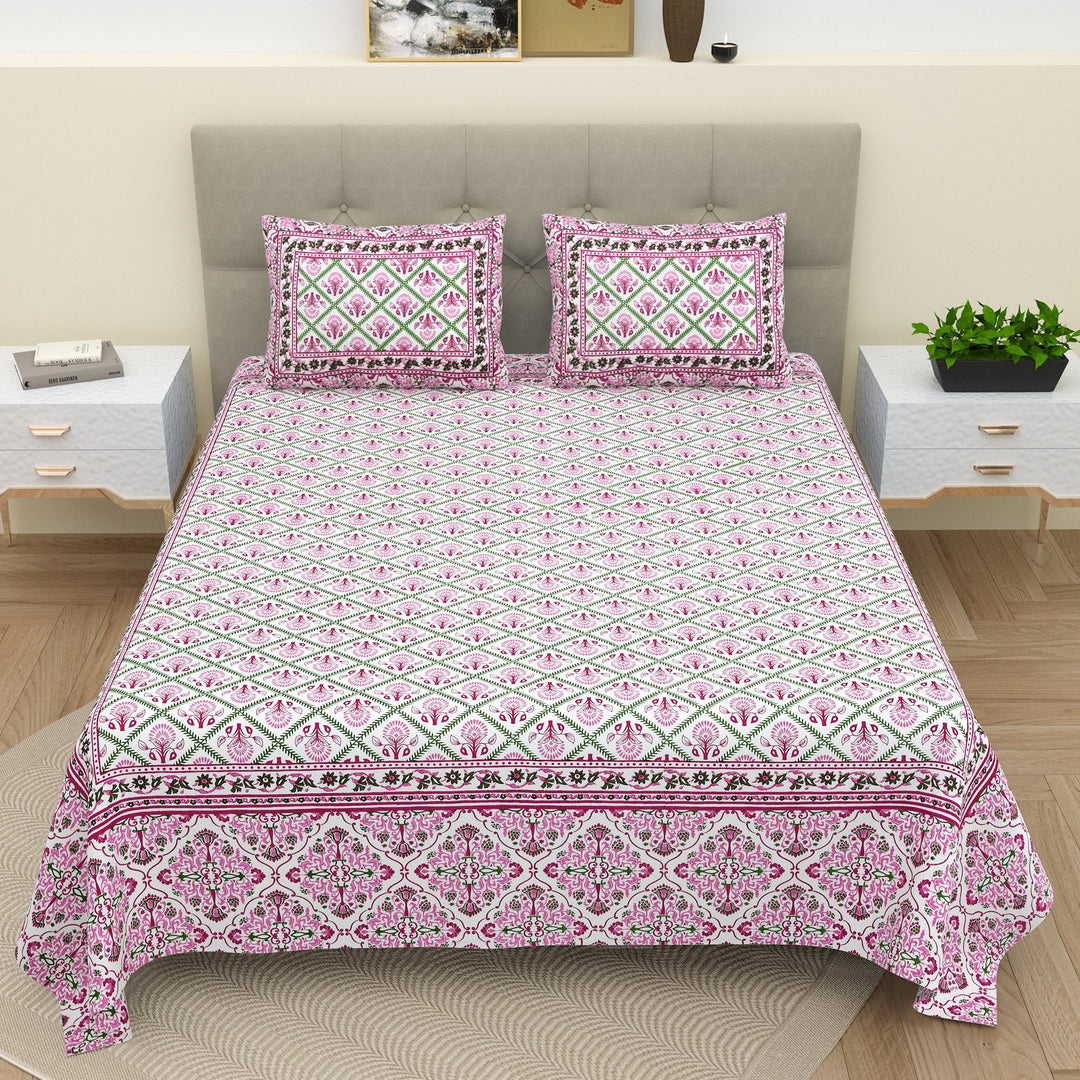 Bella Casa Fashion & Retail Ltd BEDSHEET 87 X 107 Inch / Pink & Green / Cotton Double King Size Bedsheet with 2 Pillow Covers Cotton Pink & Green Colour - Ethnic Collection