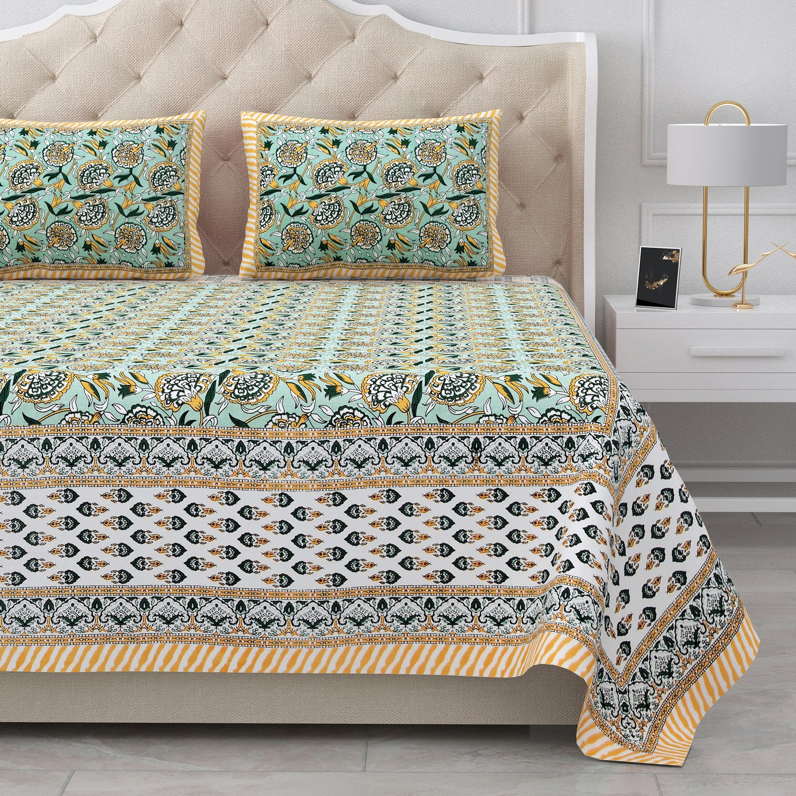 Bella Casa Fashion & Retail Ltd BEDSHEET 87 X 107 Inch / Sea Green & Yellow / Cotton Double King Size Bedsheet with 2 Pillow Covers Cotton Sea Green & Yellow Colour - Ethnic Collection