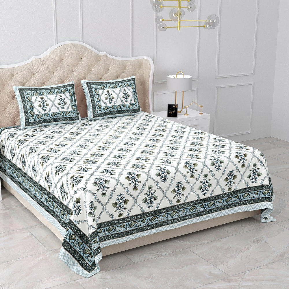 Bella Casa Fashion & Retail Ltd BEDSHEET 87 X 107 Inch / Teal Blue / Cotton Double King Size Bedsheet with 2 Pillow Covers Cotton Teal Blue Colour - Ethnic Collection