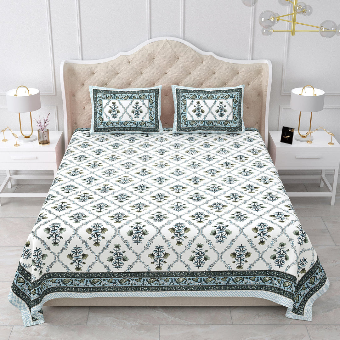 Bella Casa Fashion & Retail Ltd BEDSHEET 87 X 107 Inch / Teal Blue / Cotton Double King Size Bedsheet with 2 Pillow Covers Cotton Teal Blue Colour - Ethnic Collection