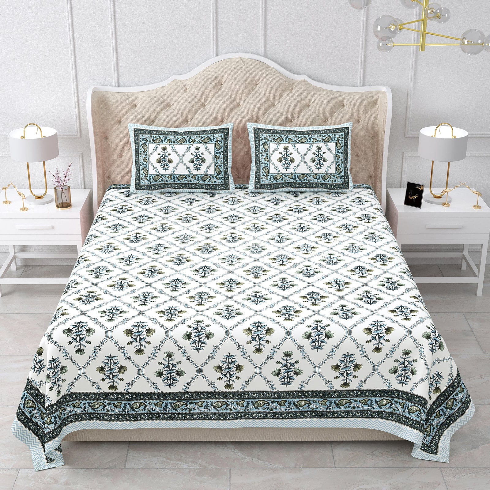 Bella Casa Fashion & Retail Ltd BEDSHEET 87 X 107 Inch / Teal Blue / Cotton Double King Size Bedsheet with 2 Pillow Covers Cotton Teal Blue Colour - Ethnic Collection