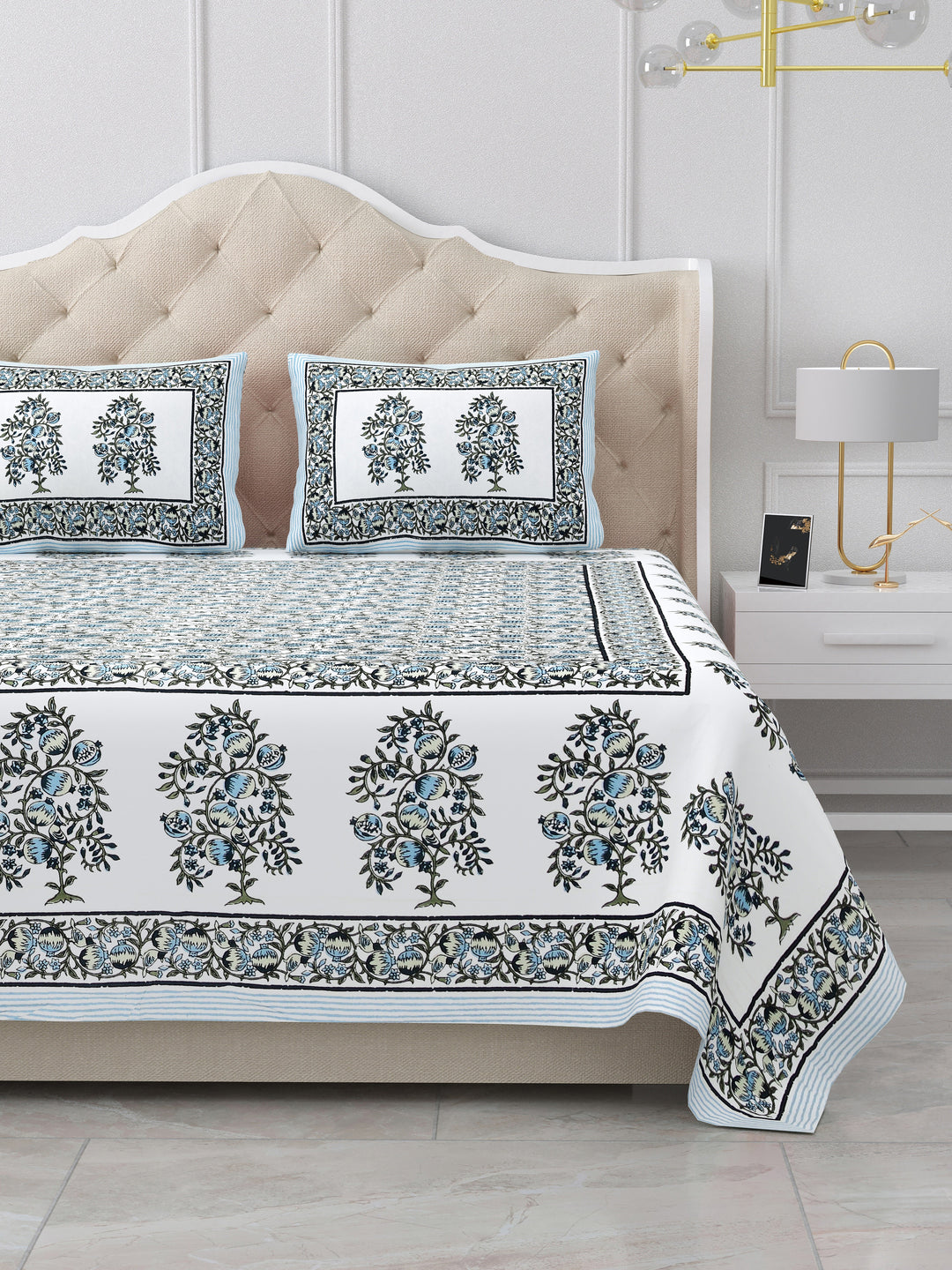 Bella Casa Fashion & Retail Ltd BEDSHEET 87 X 107 Inch / Teal Blue / Cotton Double King Size Bedsheet with 2 Pillow Covers Cotton Teal Blue Colour - Ethnic Collection