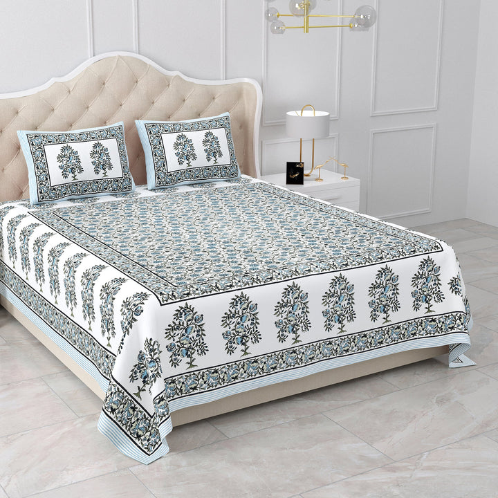 Bella Casa Fashion & Retail Ltd BEDSHEET 87 X 107 Inch / Teal Blue / Cotton Double King Size Bedsheet with 2 Pillow Covers Cotton Teal Blue Colour - Ethnic Collection