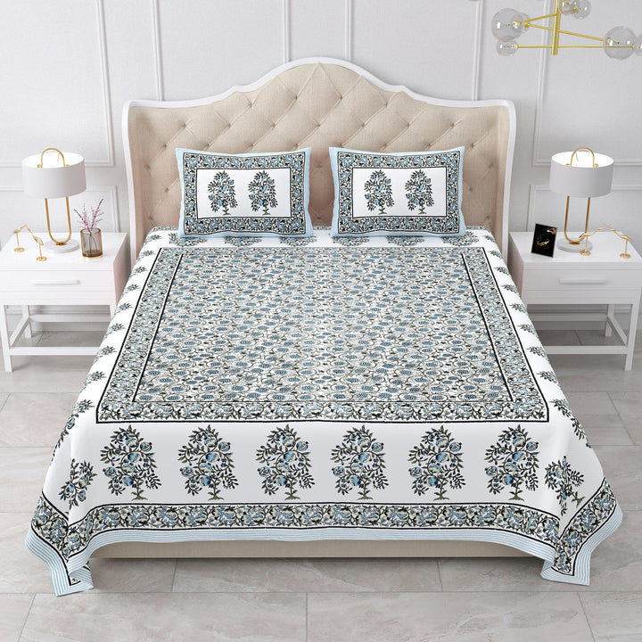 Bella Casa Fashion & Retail Ltd BEDSHEET 87 X 107 Inch / Teal Blue / Cotton Double King Size Bedsheet with 2 Pillow Covers Cotton Teal Blue Colour - Ethnic Collection