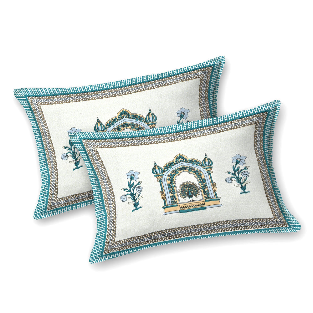 Bella Casa Fashion & Retail Ltd BEDSHEET 87 X 107 Inch / Teal Blue / Cotton Double King Size Bedsheet with 2 Pillow Covers Cotton Teal Blue Colour - Ethnic Collection