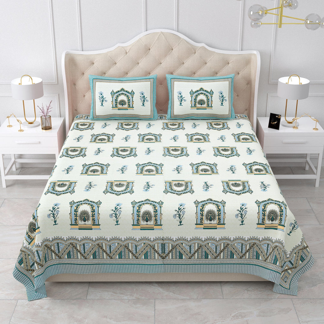 Bella Casa Fashion & Retail Ltd BEDSHEET 87 X 107 Inch / Teal Blue / Cotton Double King Size Bedsheet with 2 Pillow Covers Cotton Teal Blue Colour - Ethnic Collection