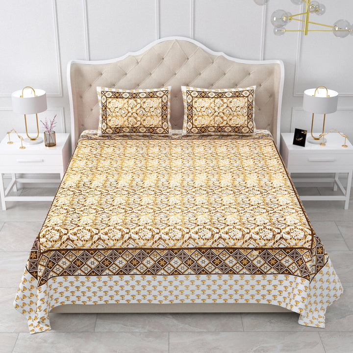 Bella Casa Fashion & Retail Ltd BEDSHEET 87 X 107 Inch / Yellow & Brown / Cotton Double King Size Bedsheet with 2 Pillow Covers Cotton Yellow & Brown Colour - Ethnic Collection