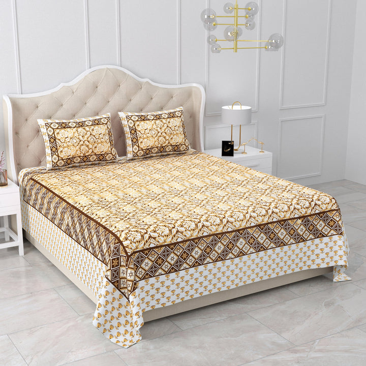 Bella Casa Fashion & Retail Ltd BEDSHEET 87 X 107 Inch / Yellow & Brown / Cotton Double King Size Bedsheet with 2 Pillow Covers Cotton Yellow & Brown Colour - Ethnic Collection