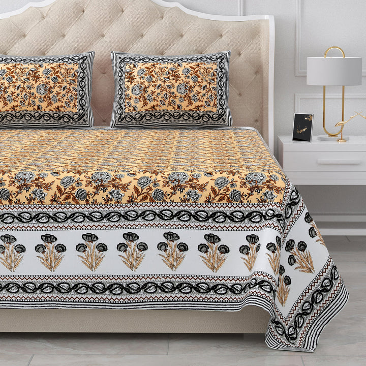 Bella Casa Fashion & Retail Ltd BEDSHEET 87 X 107 Inch / Yellow & Grey / Cotton Double King Size Bedsheet with 2 Pillow Covers Cotton Yellow & Grey Colour - Ethnic Collection