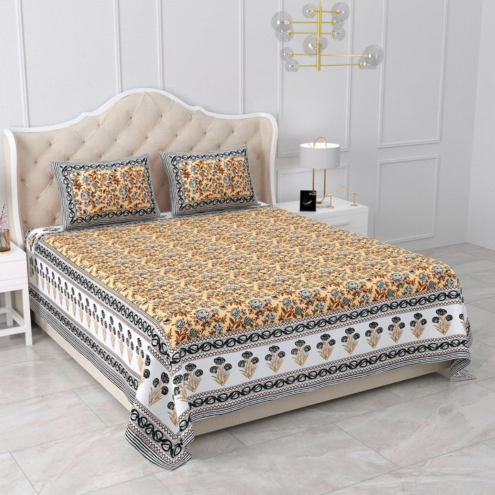 Bella Casa Fashion & Retail Ltd BEDSHEET 87 X 107 Inch / Yellow & Grey / Cotton Double King Size Bedsheet with 2 Pillow Covers Cotton Yellow & Grey Colour - Ethnic Collection