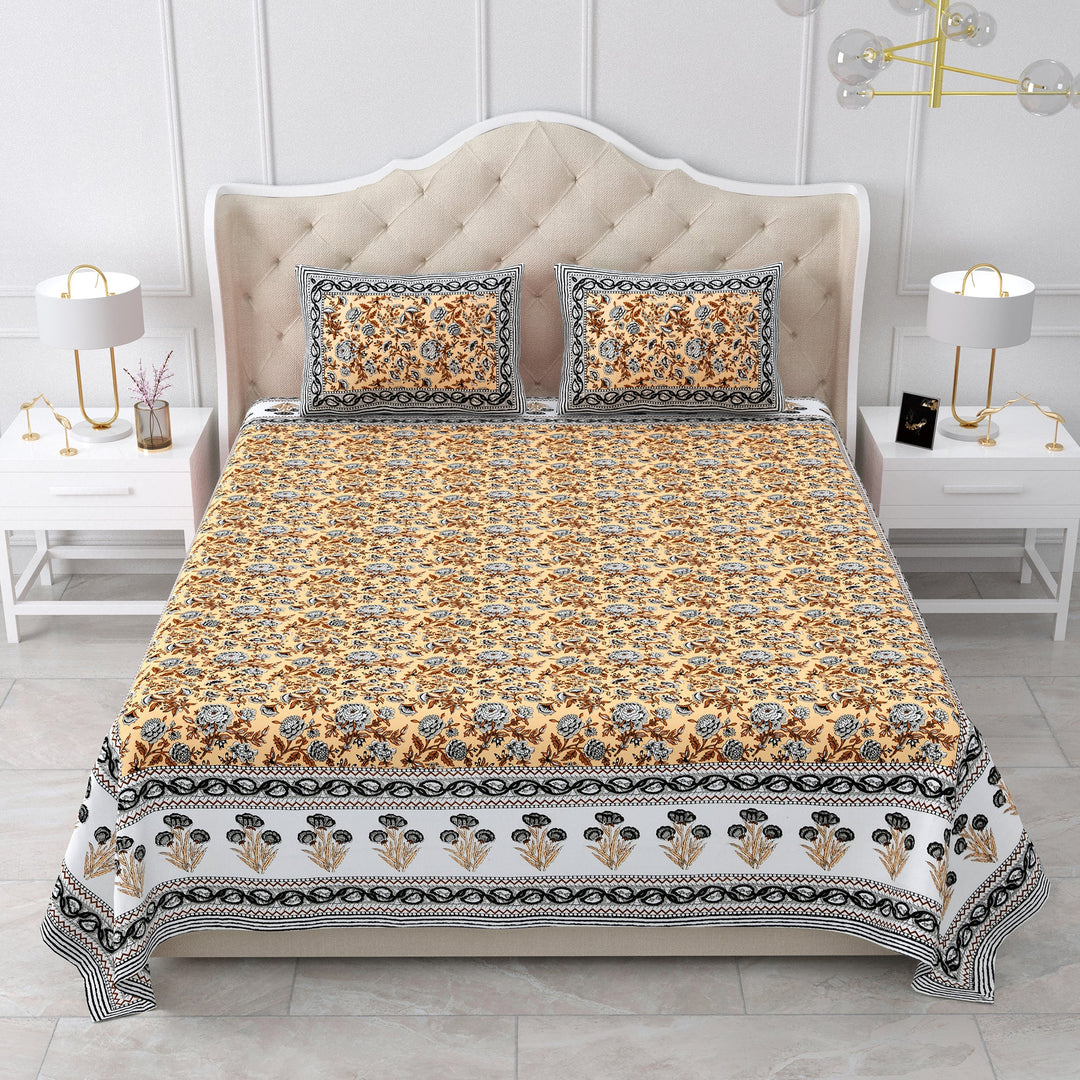 Bella Casa Fashion & Retail Ltd BEDSHEET 87 X 107 Inch / Yellow & Grey / Cotton Double King Size Bedsheet with 2 Pillow Covers Cotton Yellow & Grey Colour - Ethnic Collection