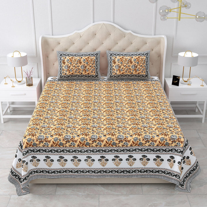 Bella Casa Fashion & Retail Ltd BEDSHEET 87 X 107 Inch / Yellow & Grey / Cotton Double King Size Bedsheet with 2 Pillow Covers Cotton Yellow & Grey Colour - Ethnic Collection