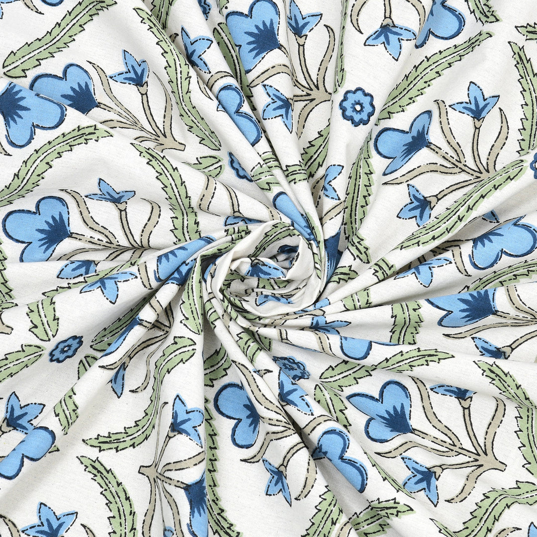 Bella Casa Fashion & Retail Ltd BEDSHEET 87 X 108 Inch / Blue & Green / Cotton Double King Size Bedsheet with 2 Pillow Covers Motifs Printed Cotton Blue & Green Colour - Heritage Collection