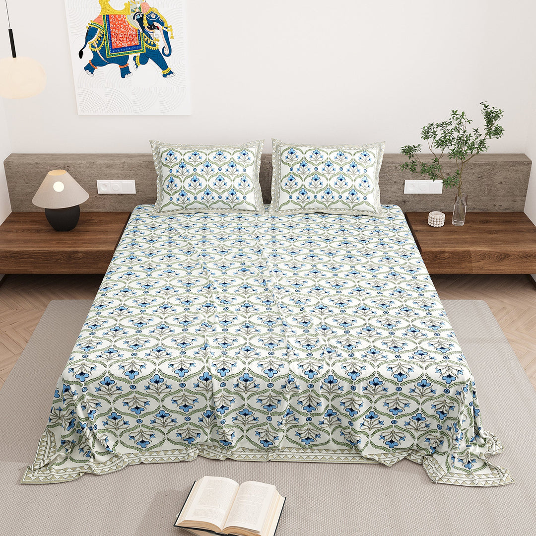 Bella Casa Fashion & Retail Ltd BEDSHEET 87 X 108 Inch / Blue & Green / Cotton Double King Size Bedsheet with 2 Pillow Covers Motifs Printed Cotton Blue & Green Colour - Heritage Collection