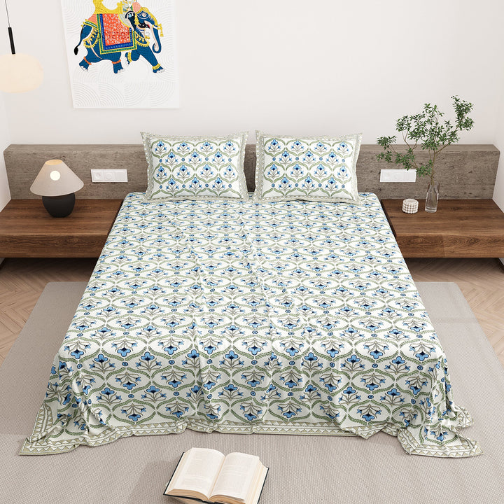 Bella Casa Fashion & Retail Ltd BEDSHEET 87 X 108 Inch / Blue & Green / Cotton Double King Size Bedsheet with 2 Pillow Covers Motifs Printed Cotton Blue & Green Colour - Heritage Collection