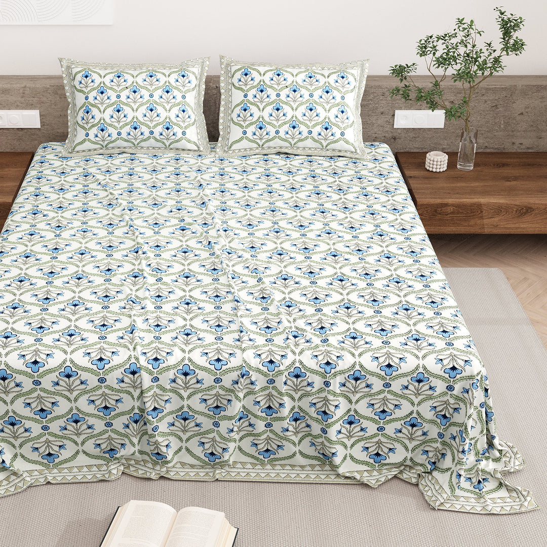 Bella Casa Fashion & Retail Ltd BEDSHEET 87 X 108 Inch / Blue & Green / Cotton Double King Size Bedsheet with 2 Pillow Covers Motifs Printed Cotton Blue & Green Colour - Heritage Collection