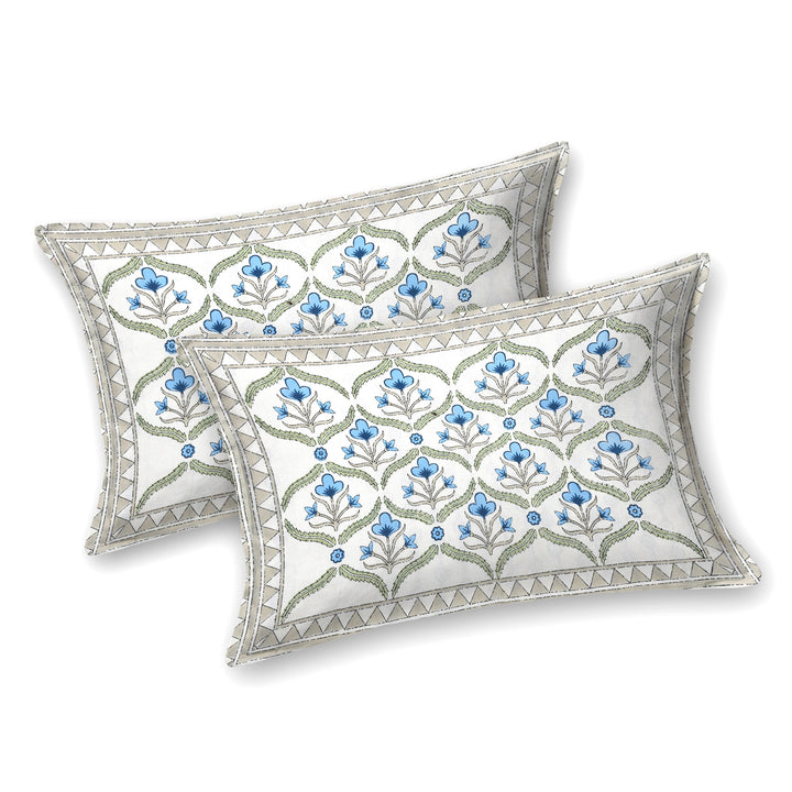 Bella Casa Fashion & Retail Ltd BEDSHEET 87 X 108 Inch / Blue & Green / Cotton Double King Size Bedsheet with 2 Pillow Covers Motifs Printed Cotton Blue & Green Colour - Heritage Collection