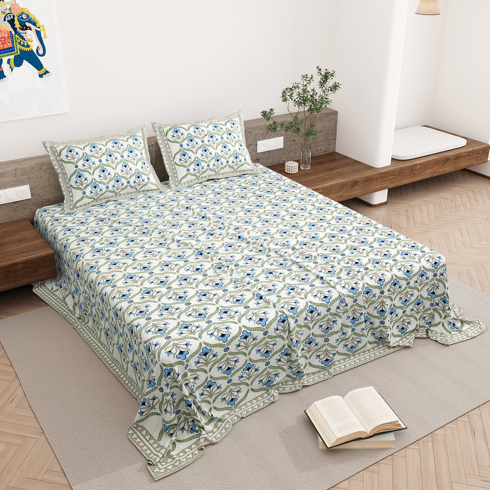 Bella Casa Fashion & Retail Ltd BEDSHEET 87 X 108 Inch / Blue & Green / Cotton Double King Size Bedsheet with 2 Pillow Covers Motifs Printed Cotton Blue & Green Colour - Heritage Collection