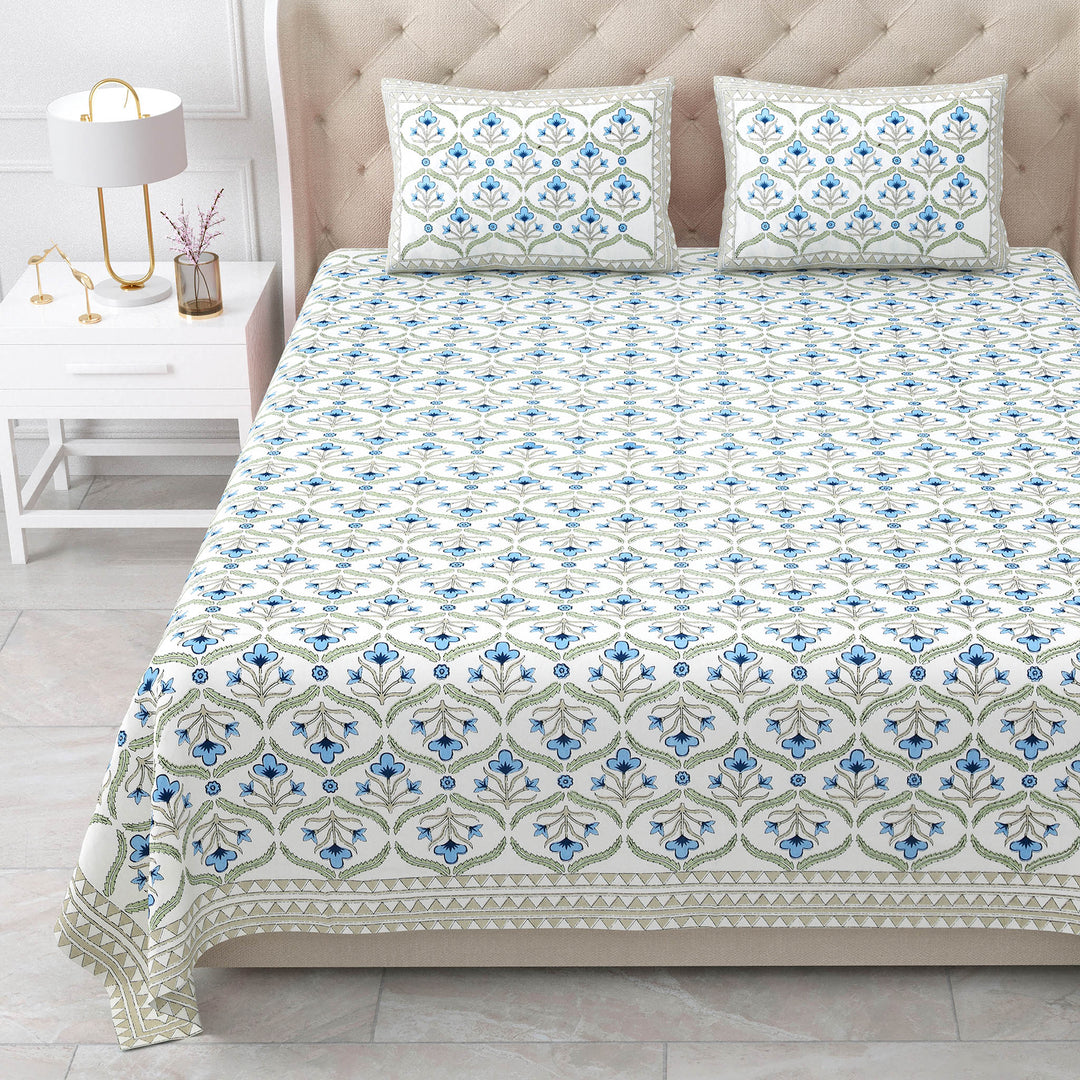 Bella Casa Fashion & Retail Ltd BEDSHEET 87 X 108 Inch / Blue & Green / Cotton Double King Size Bedsheet with 2 Pillow Covers Motifs Printed Cotton Blue & Green Colour - Heritage Collection