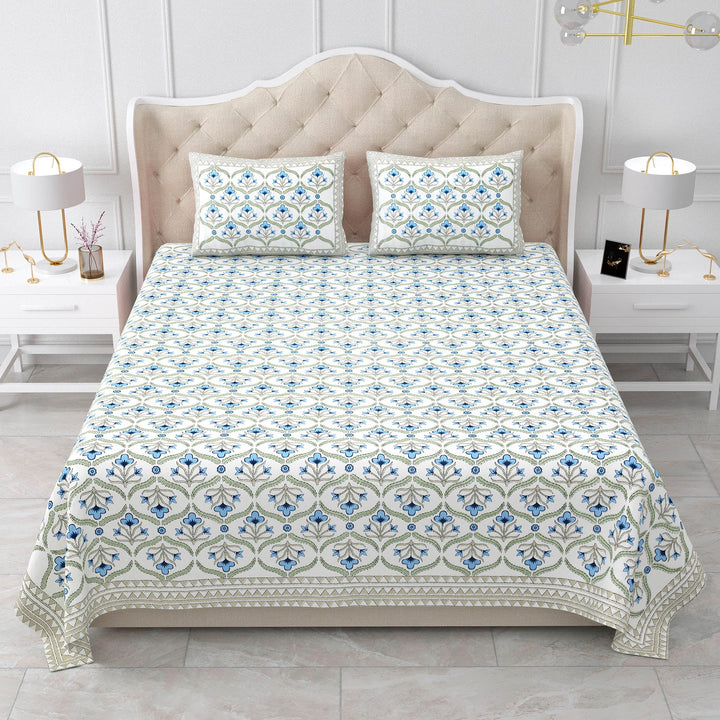 Bella Casa Fashion & Retail Ltd BEDSHEET 87 X 108 Inch / Blue & Green / Cotton Double King Size Bedsheet with 2 Pillow Covers Motifs Printed Cotton Blue & Green Colour - Heritage Collection