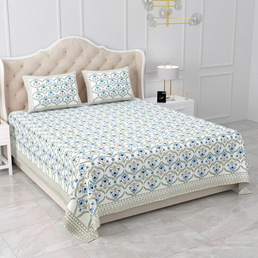Bella Casa Fashion & Retail Ltd BEDSHEET 87 X 108 Inch / Blue & Green / Cotton Double King Size Bedsheet with 2 Pillow Covers Motifs Printed Cotton Blue & Green Colour - Heritage Collection