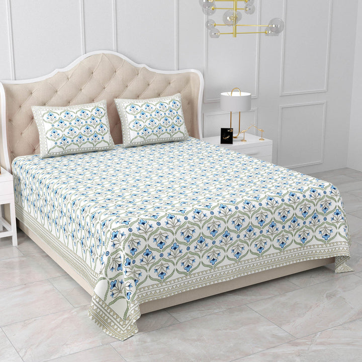 Bella Casa Fashion & Retail Ltd BEDSHEET 87 X 108 Inch / Blue & Green / Cotton Double King Size Bedsheet with 2 Pillow Covers Motifs Printed Cotton Blue & Green Colour - Heritage Collection