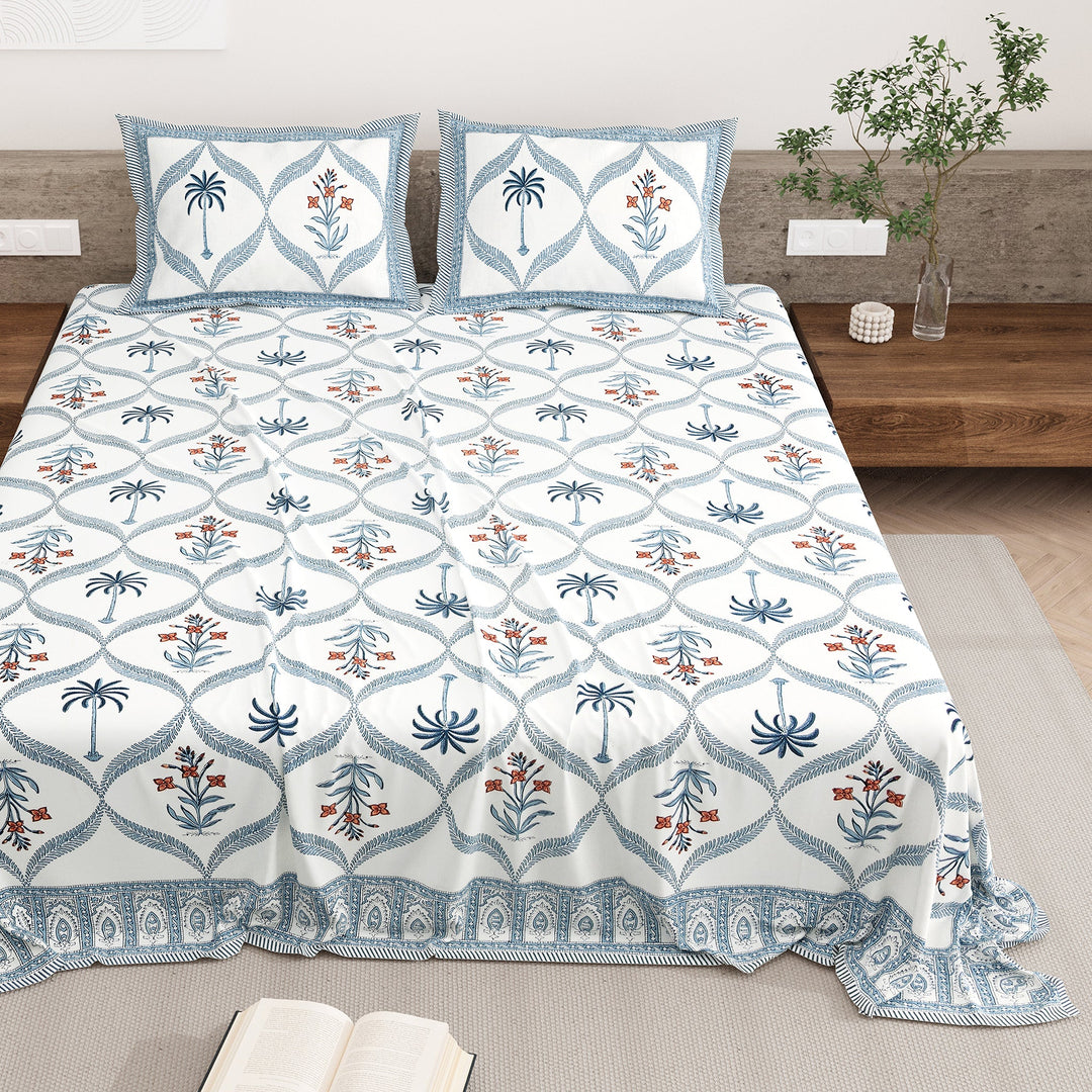 Bella Casa Fashion & Retail Ltd BEDSHEET 87 X 108 Inch / Blue & Orange / Cotton Double King Size Bedsheet with 2 Pillow Covers Motifs Printed Cotton Blue & Orange Colour - Heritage Collection