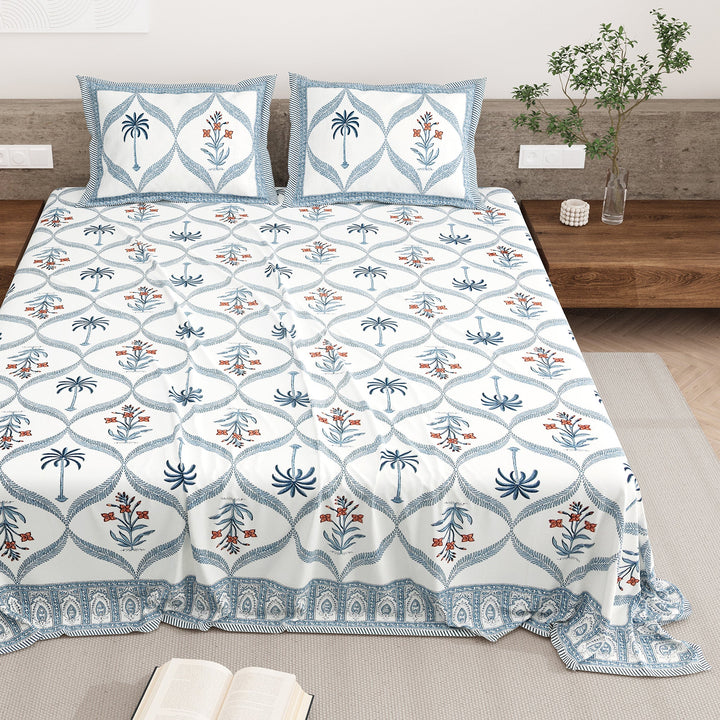 Bella Casa Fashion & Retail Ltd BEDSHEET 87 X 108 Inch / Blue & Orange / Cotton Double King Size Bedsheet with 2 Pillow Covers Motifs Printed Cotton Blue & Orange Colour - Heritage Collection