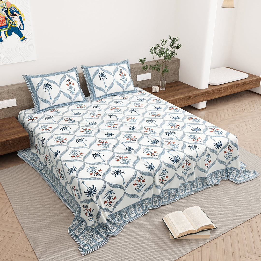 Bella Casa Fashion & Retail Ltd BEDSHEET 87 X 108 Inch / Blue & Orange / Cotton Double King Size Bedsheet with 2 Pillow Covers Motifs Printed Cotton Blue & Orange Colour - Heritage Collection